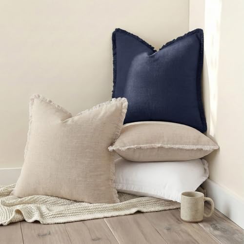decorUhome Linen Fringe Navy Blue Throw Pillow Covers 20x20 Set of 2 - Image 4