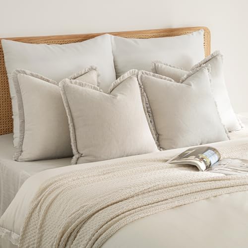 MIULEE Fall Linen Fringe Pillow Covers Set of 4 18x18 Neutral Beige - Image 5