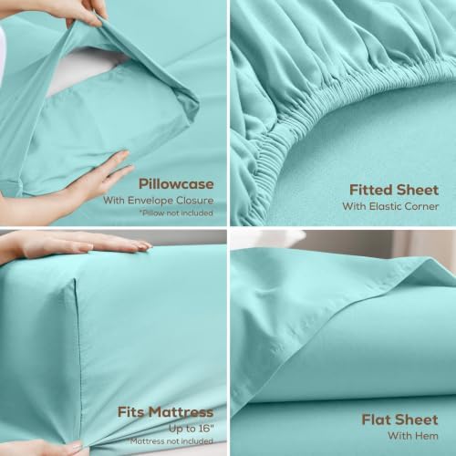 Queen Sheets Set, 4 Pieces 16" Deep Pocket Hotel Luxury Bedsheets, Spa Blue - Image 3