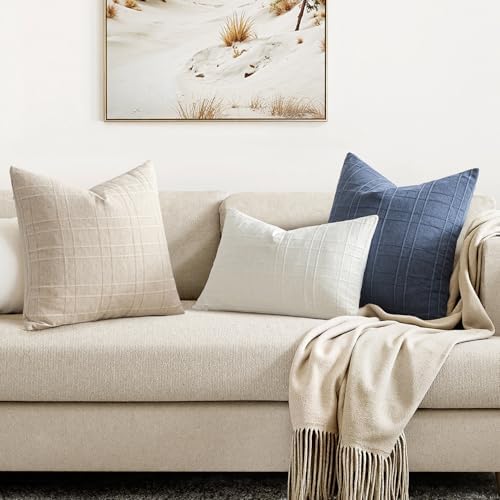 MIULEE Linen Plaid Pillow Covers Decorative 18x18 Cream White - Image 4