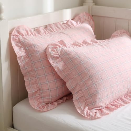 Mywinlle 2 Pack Blush Pink Plaid Ruffle Standard Size Pillow Shams -20"x26" - Image 7