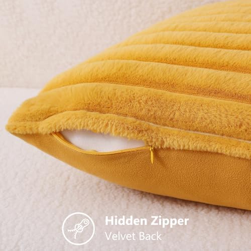 decorUhome Fall Faux Fur Throw Pillow Covers 24x24 Set of 2 Mustard Yellow - Image 3