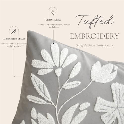 BlissBlush Throw Pillow Cover 20x20 Inch, Light Gray Floral Tufted Velvet - Image 2