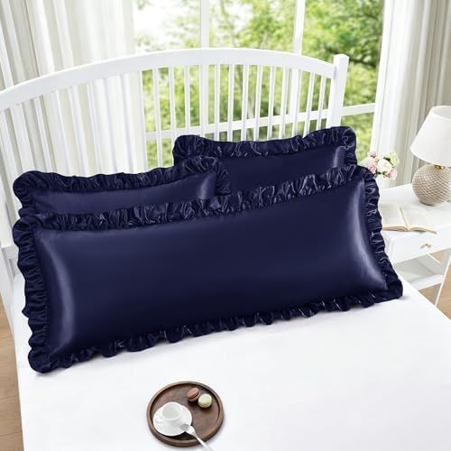 Homiest Navy Blue Ruffle Satin Body Pillow Cover - Image 2