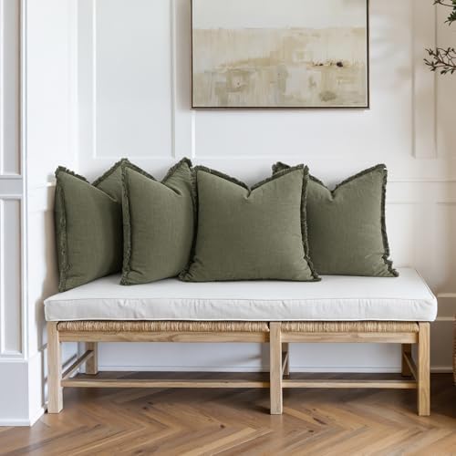 MIULEE Fall Linen Fringe Pillow Covers Set of 4 18x18 Olive Green - Image 2