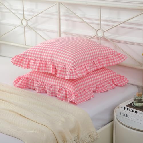 Mywinlle 2 Pack Vintage Light Pink Plaid Ruffle Throw Pillow Covers, Washed - Image 3