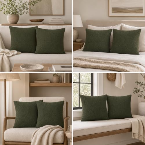 JoraLion 16x16 inch Boucle Throw Pillow Covers, Army Green Woven Texture - Image 3