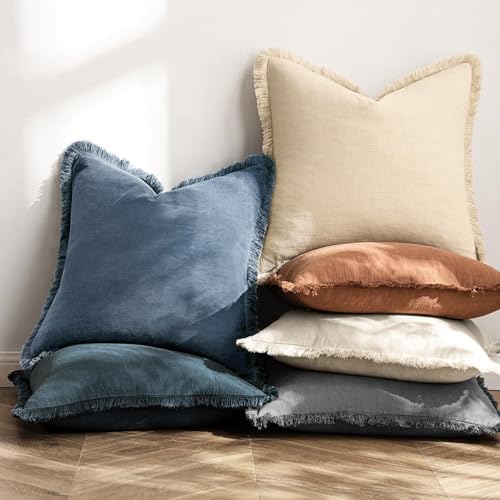 MIULEE Boho Linen Fringe Decorative Throw Pillow Covers Blue Ashes 20x20 - Image 6