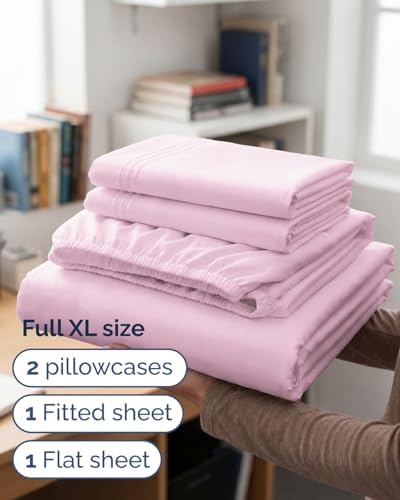 Full XL Sheets - 4 Piece Full XL Sheet Set - Cool & Breathable - Light Pink - Image 3