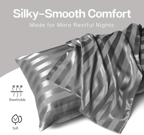 MR&HM Satin Pillowcase 2 Pack, King Size 20"x36", Dark Grey Striped - Image 3