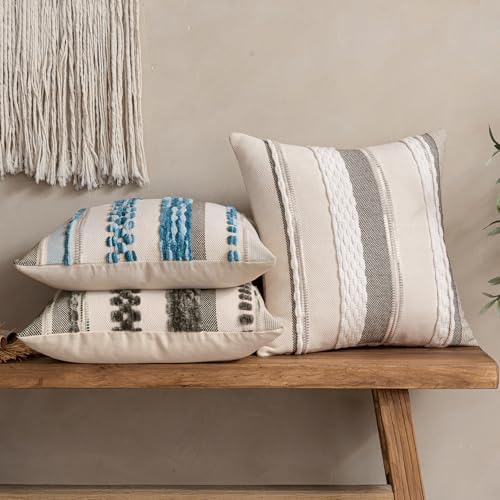 ANRODUO Boho Decorative Throw Pillow Covers White Stripe 18x18 Pack of 2 - Image 3