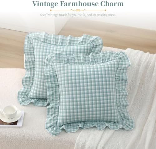 Gingham Throw Pillow Covers 20x20, Seafoam Green, Ruffle Trim - Image 2