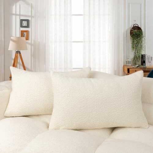 JoraLion 12x20 inch Boucle Throw Pillow Covers, Cream Woven Texture Neutral by JoraLion