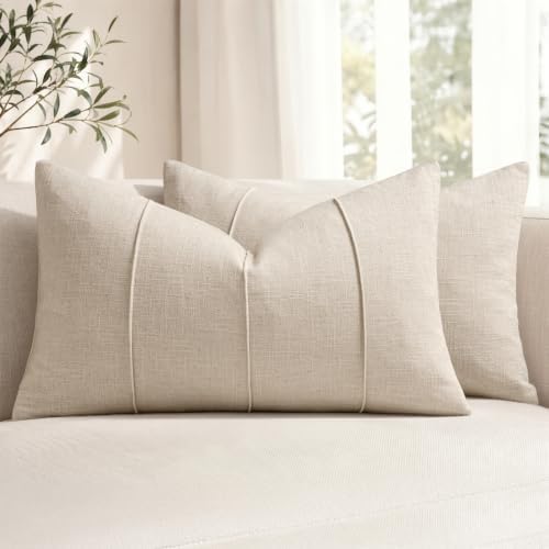 MIULEE Lumbar Decorative Linen Throw Pillow Covers 12x20 Beige Striped by MIULEE