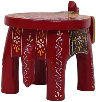 Handcrafted Wooden Elephant Stool, Hand-Painted Accent Table for Living Room, Bedroom & Office Décor (8 in)