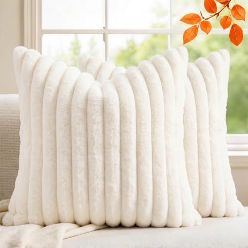 Set of 2 Decorative Throw Pillow Covers 22x22, Faux Fur Cream White by MEGAYESHome