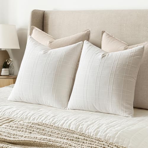 MIULEE Linen Plaid Pillow Covers Decorative Euro 28x28 Cream White - Image 3