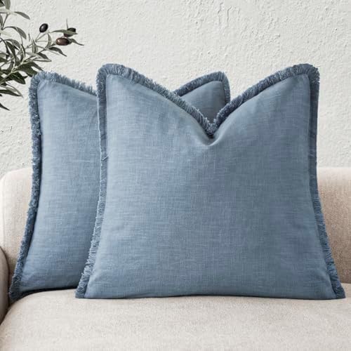Foindtower Decorative Linen Fringe Throw Pillow Covers 16×16 Misty Blue by Foindtower