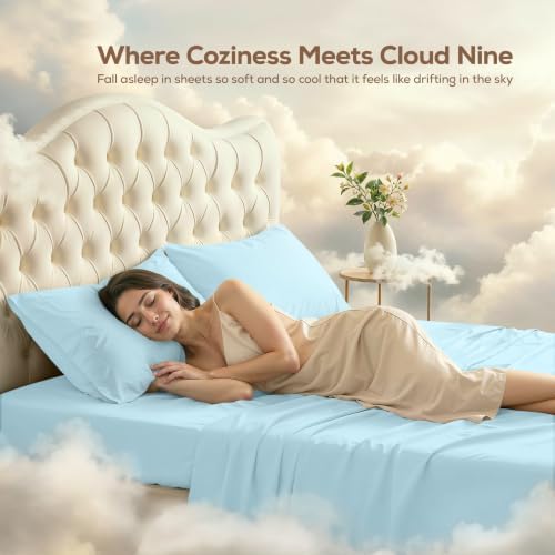 Queen Sheets Set, 4 Pieces 16" Deep Pocket Hotel Luxury Bedsheets, Ice Blue - Image 4