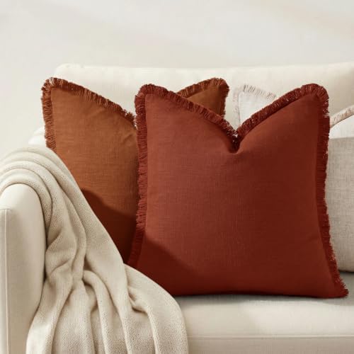 decorUhome Linen Fringe Rust Throw Pillow Covers 18x18 Set of 2 - Image 2