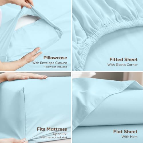 Twin Sheets Set, 3 Pieces 16" Deep Pocket Hotel Luxury Bed Sheets, Ice Blue - Image 3