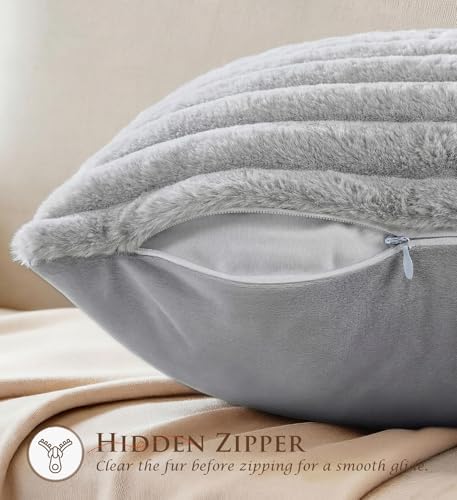 Set of 2 Decorative Throw Pillow Covers 18x18 Faux Fur Light Gray - Image 2