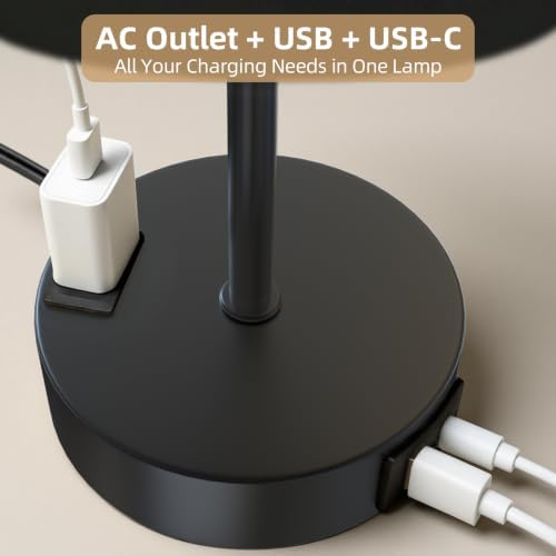 Bedside Table Lamp, Dimmable Touch, AC Outlet, USB A+C (Black) - Image 2