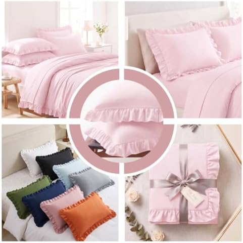 Set of 2 Brushed Microfiber Ruffle Pillow Cases Queen Size Pink - Image 4