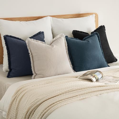 MIULEE Fall Linen Fringe Pillow Covers Set of 4 18x18 Beige/Coastal Blue - Image 5