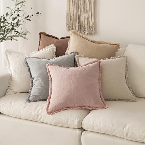 MIULEE Boho Linen Fringe Decorative Throw Pillow Covers Light Pink 18x18 - Image 5