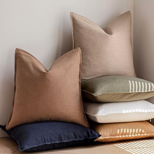 Foindtower Linen Solid Decorative Throw Pillow Covers 18x18 Inch Tan Beige - Image 6