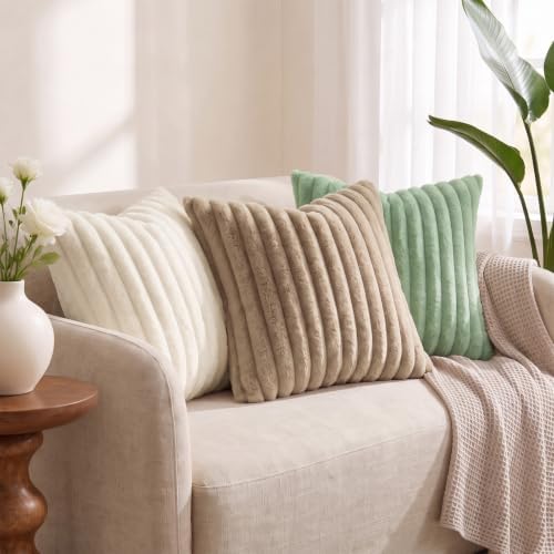 decorUhome Fall Faux Fur Throw Pillow Covers 16x16 Set of 2 Cream White - Image 2