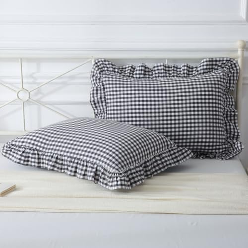 Mywinlle Black/White Plaid Gingham Ruffle Pillow Shams Queen Size 20"x30" by Mywinlle