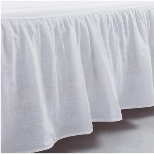 MEADOW PARK Washed French Linen Bed Skirt, Dust Ruffle, Cal King Size 72" W x 84" L, Drop 16", Super Soft, Ruffle Style, White Color