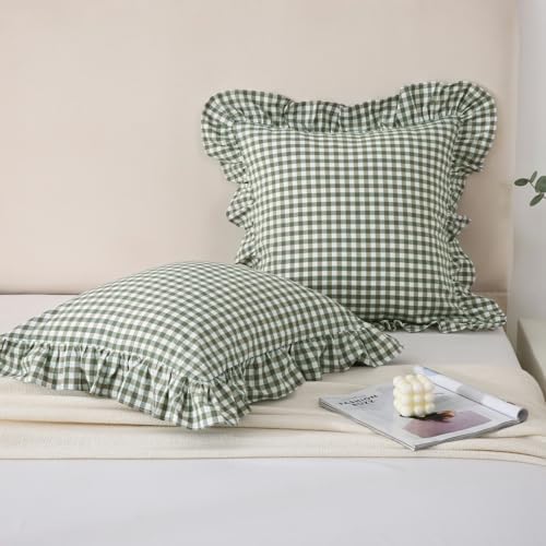 Silnuo 2 Pack Sage Green/White Plaid Ruffle Throw Pillow Covers Farmhouse - Image 2