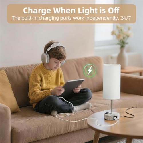 Table Lamp, Dimmable Touch, AC Outlet, USB A+C (White&Marble) - Image 6