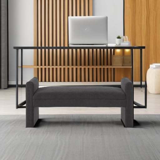 24KF Modern Upholstered Bed Bench Covered with Soft Boucle Teddy Fabric, Lovely Entryway Bench Ottoman with Armrest,5062-Dark Gray