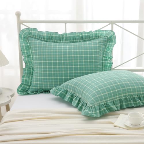 Mywinlle Mint Green Plaid Ruffle Pillow Shams Standard Size Set of 2 by Mywinlle