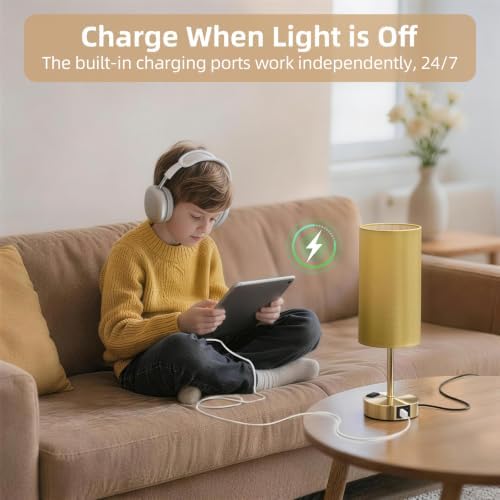 Bedside Table Lamp, Dimmable Touch, AC Outlet, USB A+C (Gold) - Image 5