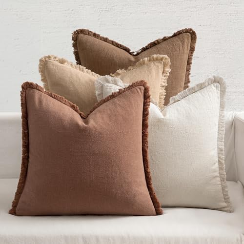 MIULEE Fall Linen Fringe Pillow Covers Set of 4 18x18 Beige/Brown by MIULEE