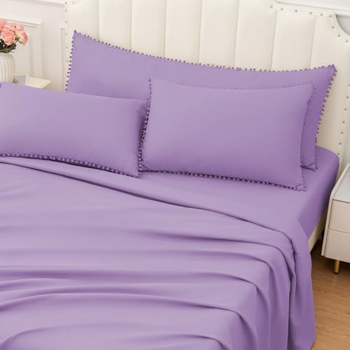 Pom Poms Pillow Shams Queen Size Set of 2, Light Purple Decorative Pillowcases - Image 2