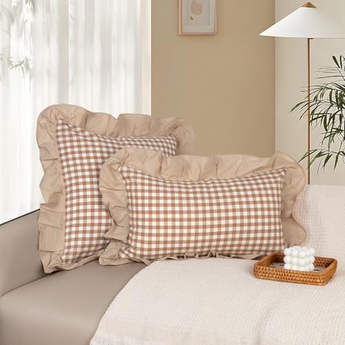 JoraLion Ruffled Throw Pillow Cover 20x20 Gingham Khaki Solid Edge - Image 2