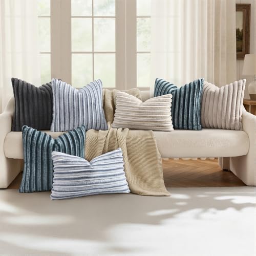 decorUhome Fall Faux Fur Throw Pillow Covers 12x20 Set of 2 Grey White - Image 5