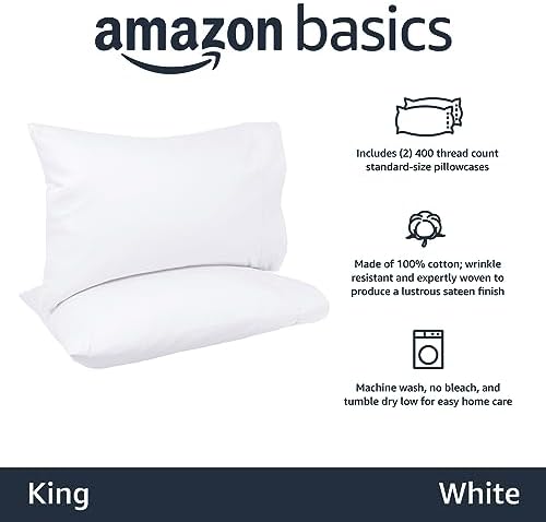 Amazon Basics 400 Thread Count Soft 100% Cotton Pillow Cases, Wrinkle Resistant - Image 2