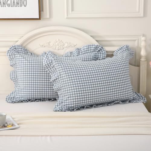 Mywinlle Blue Gingham Ruffle Pillow Covers King Size Set of 2 by Mywinlle
