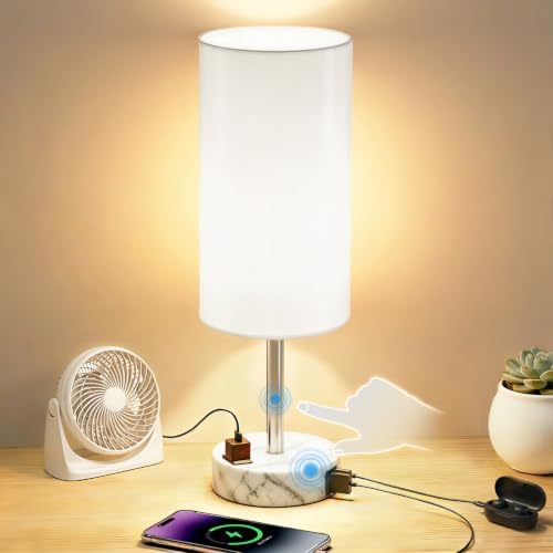 Table Lamp, Dimmable Touch, AC Outlet, USB A+C (White&Marble) by Unknown