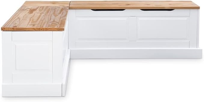Riverbay Furniture 18" High Transitional Backless Wood Corner Kitchen Breakfast Nook Bench, with Hidden Storage, in White & Natural Finish