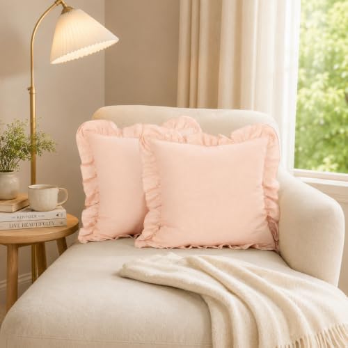 JoraLion Ruffled Throw Pillow Cover 20x20 Solid Blush Pink - Image 5