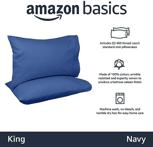 Amazon Basics 400 Thread Count 100% Cotton Pillow Cases, Sateen Weave, King Size - Image 2