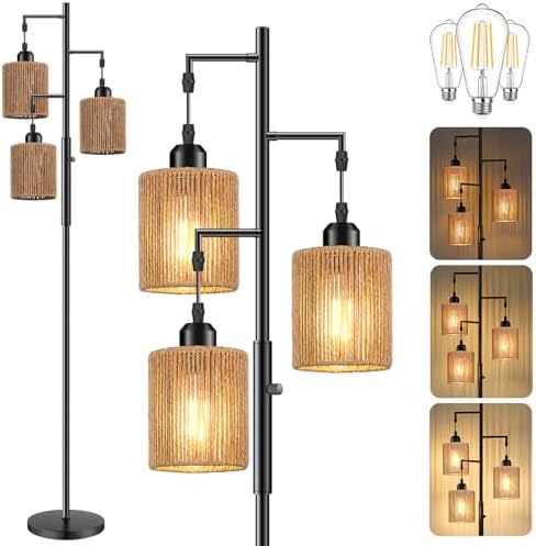 Hotsonic 72" Boho Rattan Tree Floor Lamp, Tall Dimmable Industrial Standing Lamp, Corner Decor Accent Lighting for Living Room, Bedroom, Dining Room, Nursery, Cafe (3 x 800LM Bulbs Included) - Black by Hotsonic